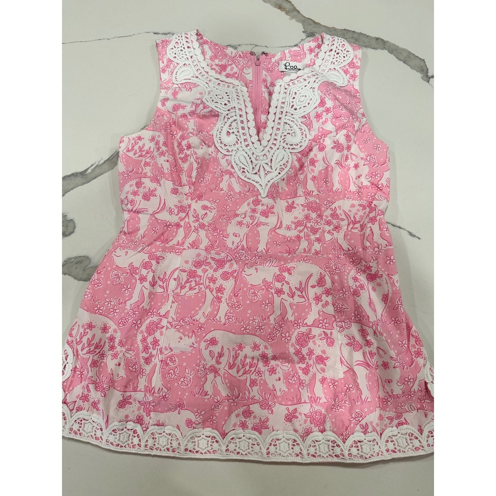Vtg Lilly Pulitzer Pink White Floral Animal Print Lace Trim Top Size 6